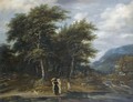 A Wooded Landscape With An Elegant Family And Their Hounds Beside A River - (after) Jacob Salomonsz. Ruysdael