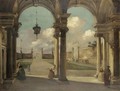 A Venetian Capriccio View Of A Garden With Elegant Figures Under A Portico - (after) (Giovanni Antonio Canal) Canaletto