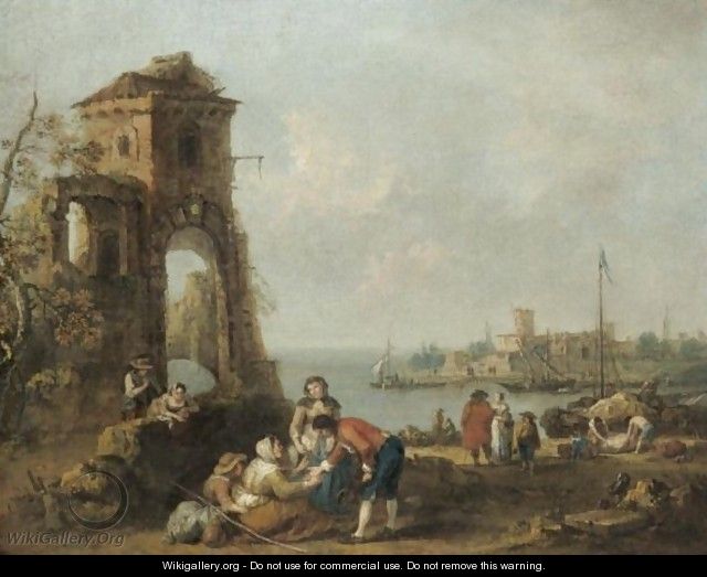 An Architectural Capriccio With Numerous Figures Beside Classical Ruins, A Mediterrenean Harbour Beyond - Francesco Zuccarelli