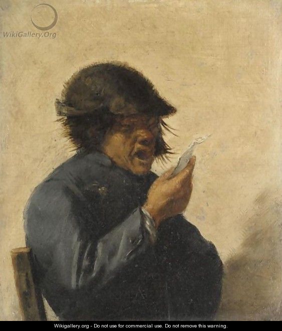 An Interior With A Peasant Singing, Half Length, Wearing A Blue Coat - (after) Adriaen Brouwer