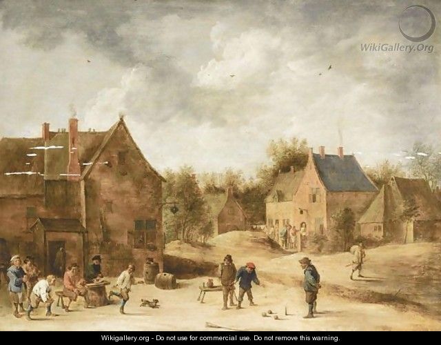 A Village Scene With Peasants Playing Kegelen - (after) David The Younger Teniers