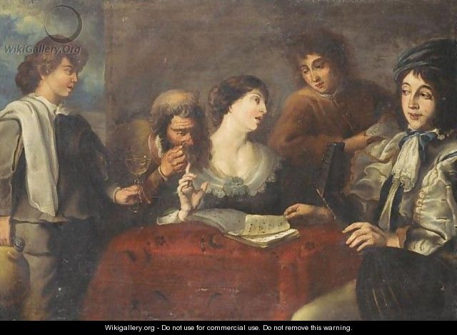 An Interior With An Elegant Company Drinking And Playing Music - (after) Jan Cossiers