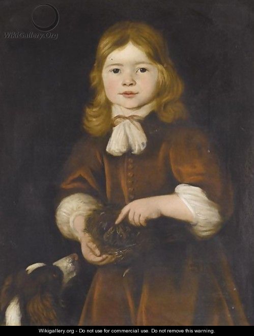 Portrait Of A Young Boy, Half Length, Wearing Red And Holding A Bird