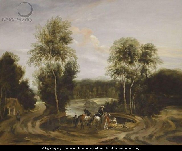 A Wooded Landscape With An Elegant Hunting Party Beside A Lake - (after) Lucas Achtschellinck