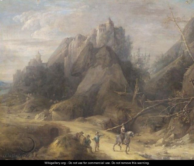 A Mountainous Wooded Landscape With A Cavalier And Other Figures In The Foreground - (after) David The Younger Teniers