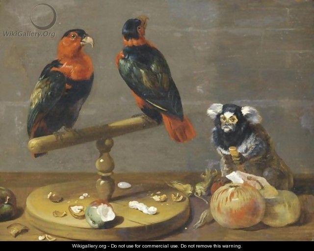A Still Life With Two Parrots, A Marmoset, Apples, And A Variety Of Nuts On A Table - (after) Frans Snyders