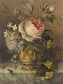 A Still Life Of Roses, Marigolds, Jasmine, Forget-Me-Nots And Primroses In A Bronze Vase On A Marble Ledge - French School
