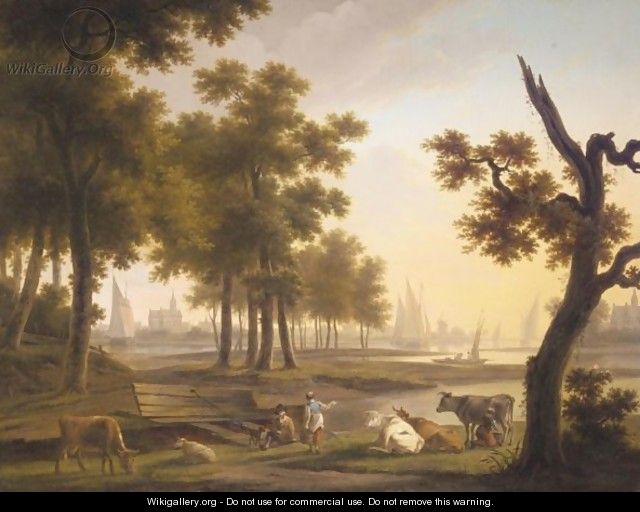 A River Landscape With A Dairymaid Milking Cows, Together With Other Figures, A Town Beyond - Frans Swagers