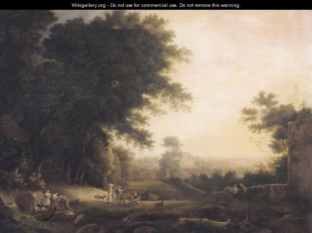 An Italianate Landscape With Figures Drinking From A Spring, A Villa Beyond - (after) Claude Lorrain (Gellee)