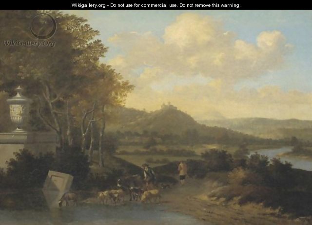 An Italiante Landscape With Drovers Watering Their Animals At A Stream - Dutch School