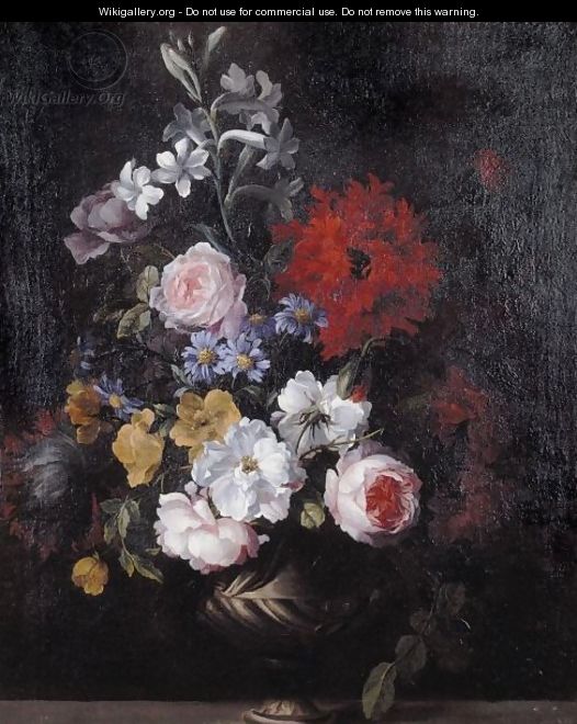 A Still Life Of Flowers Including Roses, Carnations And Lilies In An Urn On A Stone Ledge - (after) Jean-Baptiste Monnoyer