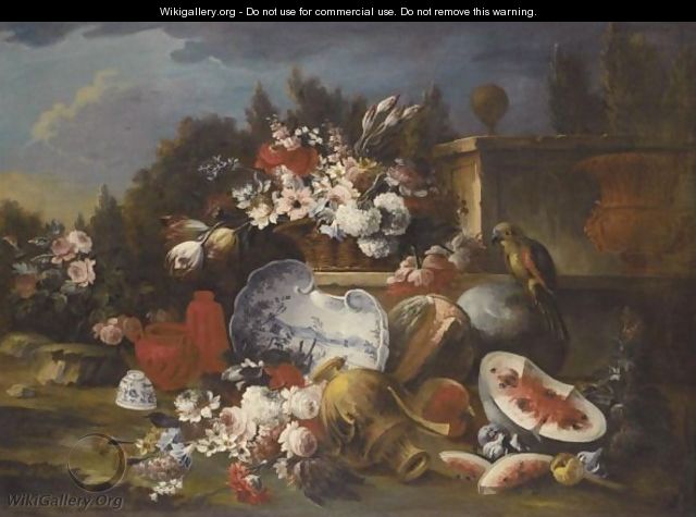 A Still Life With A Basket Of Flowers On A Stone Ledge, Together With A Porcelain Dish And Various Vases - (after) Francesco Lavagna