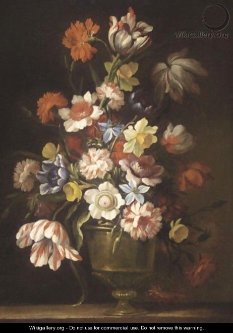 A Still Life With Tulips, Carnations, Daffodils And Various Other Flowers In A Bronze Urn On A Ledge - (after) Giovanni Stanchi
