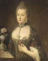 Portrait Of A Lady, Half Length, Wearing A Blue Dress With Red Flowers, Beside A Table With A Vase Of Roses - Portugese School