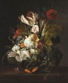 A Still Life With Tulips, Poppies, Morning Glory And Other Flowers, In A Vase On A Ledge - (after) Rachel Ruysch