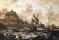 A View Of A Harbour With A Man O' War And A Galley, A Rowing Boat And Figures On A Rock In The Foreground - Petrus van der Velden