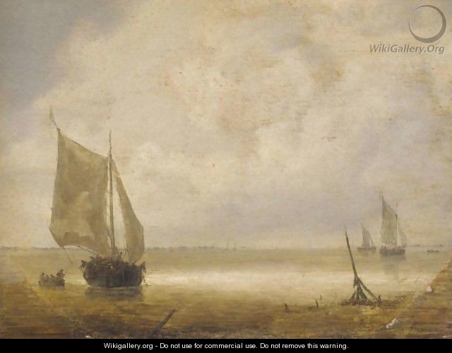 A Smalschip And A Rowing Boat With Fishermen In A Calm, Further Smalschips Beyond - (after) Hieronymus Van Diest