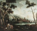 A Pastoral Landscape With Figures Resting In The Foreground And Men Fishing In The River Beyond - North-Italian School