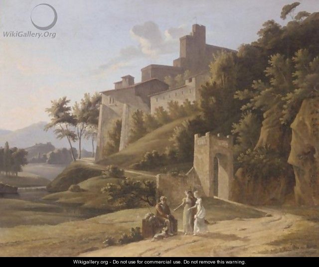 An Italianate Landscape With Two Young Ladies Giving Alms To An Old Man - (after) Alexandre-Hyacinthe Dunouy