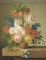 A Still Life With Roses, Tulips, Morning Glory And Various Other Flowers In A Vase On A Ledge - Johannes Cornelis De Bruijn