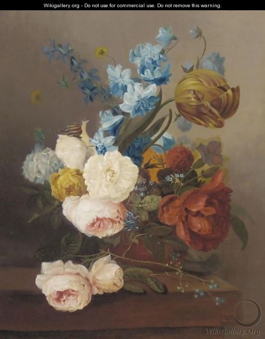 A Still Life With Roses, Tulips And Various Flowers - (after) Cornelis Van Spaendonck
