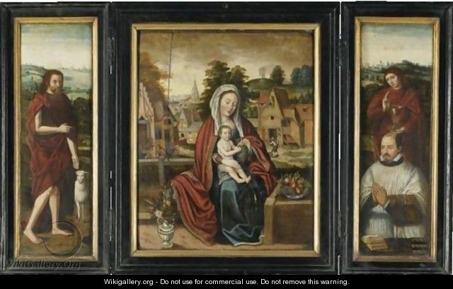 A Triptych - Central Panel The Madonna And Child In A Landscape With A Bunch Of Grapes - Left Wing Saint John The Baptist - Right Wing Saint John The Evangelist With A Donorout - Side Left Panel Saint Jerome - Outside Right Panel Saint Nicolas Of Bari - (after) Bruges