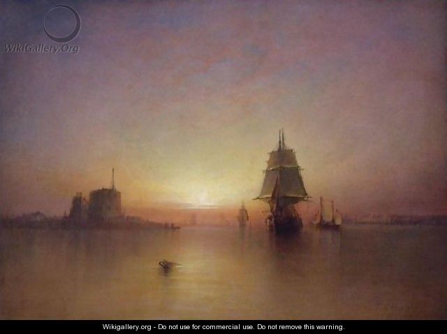 Shipping At Sunset Off A Coastal Fort - Thomas Gray Hart