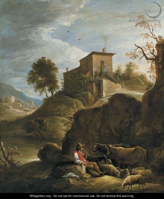 A Pastoral Landscape With A Herdsman Playing A Pipe Near A Waterfall - David The Younger Teniers