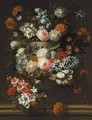 A Still Of Flowers In A Stone Urn, Including Roses And Chrysanthemums - Jan-baptist Bosschaert