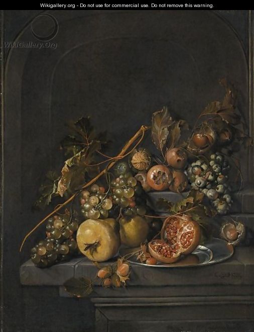 Still Life Of Fruit And Nuts On A Stone Ledge, Including Grapes, Pears, Horse Chestnuts - Cornelis De Heem