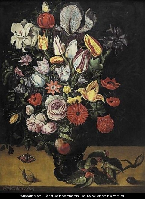 Still Life Of Roses, Tulips, Irises, Marigolds And Other Flowers In A Roemer - Antwerp School