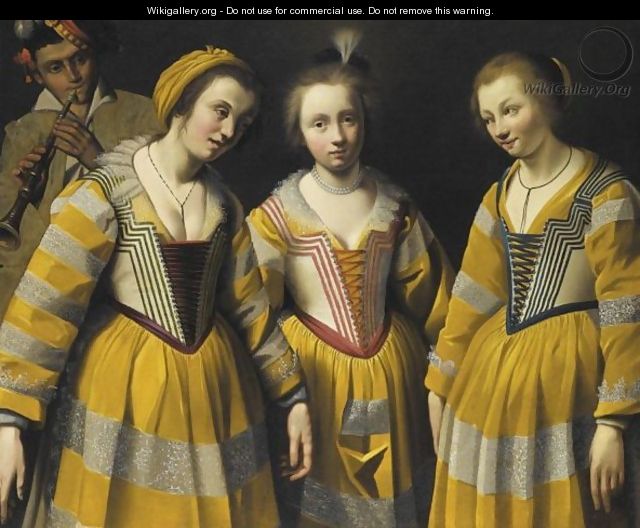 Three Young Girls Wearing Yellow Dresses - French School