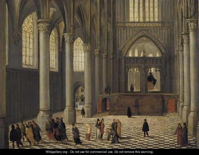 A Church Interior With Christ And The Woman Taken In Adultery - Abel Grimmer