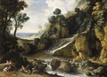 A Rocky Landscape With A Waterfall, Nymphs And Satyrs Resting By A River - Maerten Ryckaert