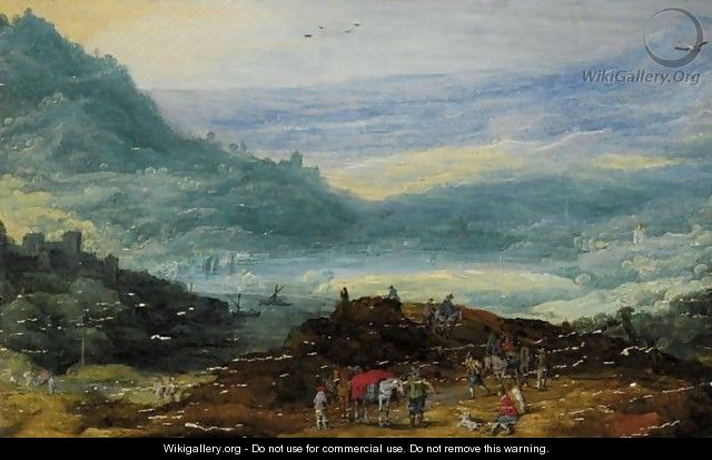 A Mountainous Landscape With A Group Of Travellers In The Foreground, A Lake And Town In The Distance - (after) Joos Or Josse De, The Younger Momper