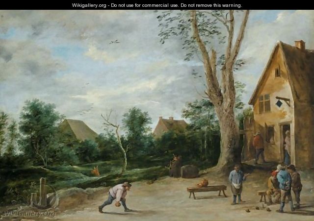 A Village Scene With Four Peasants Playing Bowls Before A Tavern, Two Cottages Beyond - David The Younger Teniers