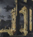An Architectural Capriccio With Figures Amongst Ruins Under A Stormy Night Sky - Leonardo Coccorante