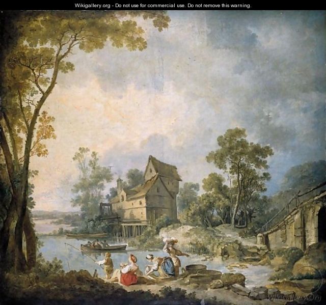 A Mill Scene With Women Washing Clothes In A River, A Boy Fishing Nearby - Jean-Baptiste Leprince