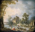 A Mill Scene With Women Washing Clothes In A River, A Boy Fishing Nearby - Jean-Baptiste Leprince