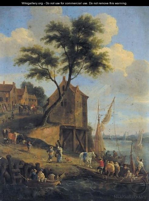 Figures Disembarking From A Ferry With Their Horses, A Village Beyond - Mathys Schoevaerdts