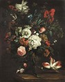 Still Life Of Roses, Peonies, Morning Glory And Other Flowers In A Sculpted Urn On A Stone Ledge - Justus van Huysum