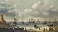 A Coastal Scene With Numerous Figures On The Shore, A Dutch Man O'War Firing Its Cannon Beyond - Abraham Willaerts