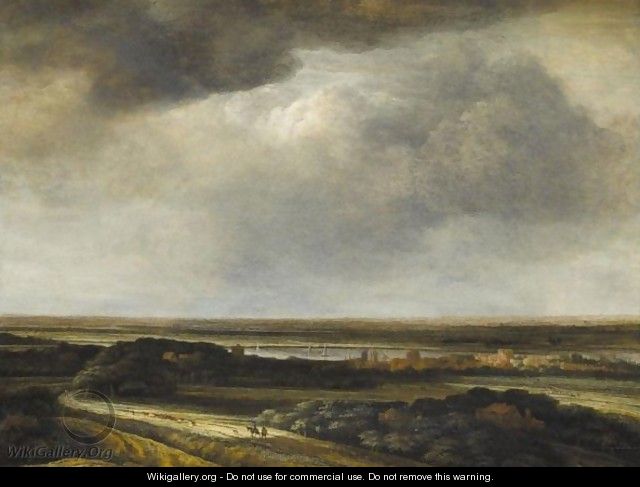 A Panoramic River Landscape With Drovers In The Foreground - Philips Koninck