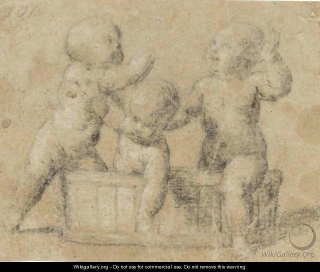 Three Putti Playing In A Tub - Venetian School