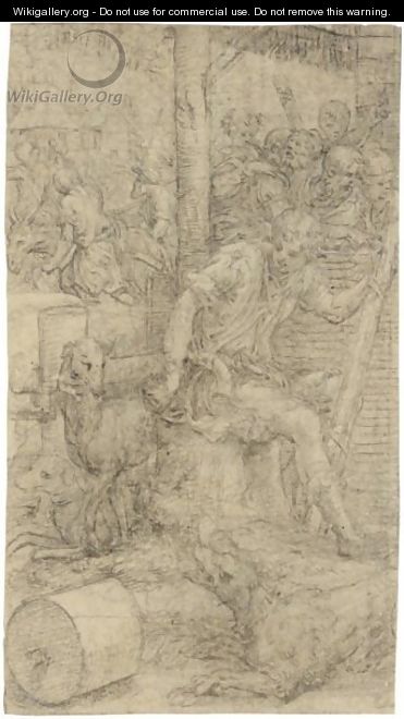 A Young Shepherd Seated On A Tree Trunk, Three Dogs Beside Him, Figures Beyond And Houses In The Background - Giulio Campi