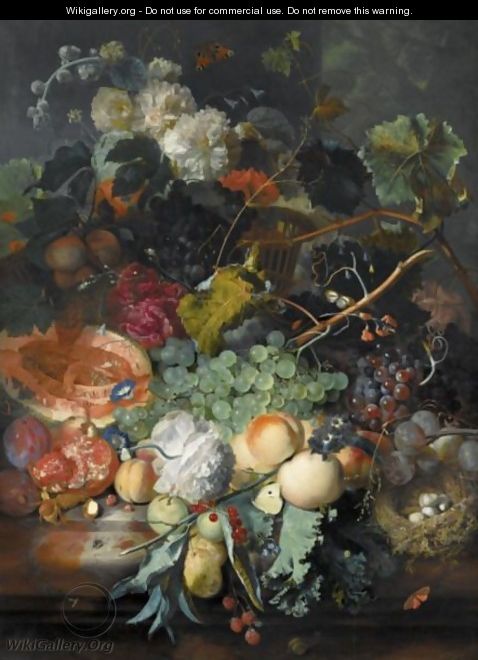 Still Life Of Fruit Upon A Marble Ledge, A Bird