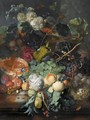 Still Life Of Fruit Upon A Marble Ledge, A Bird's Nest To The Right And A Basket Of Flowers Above, Insects Throughout - Jan Van Huysum