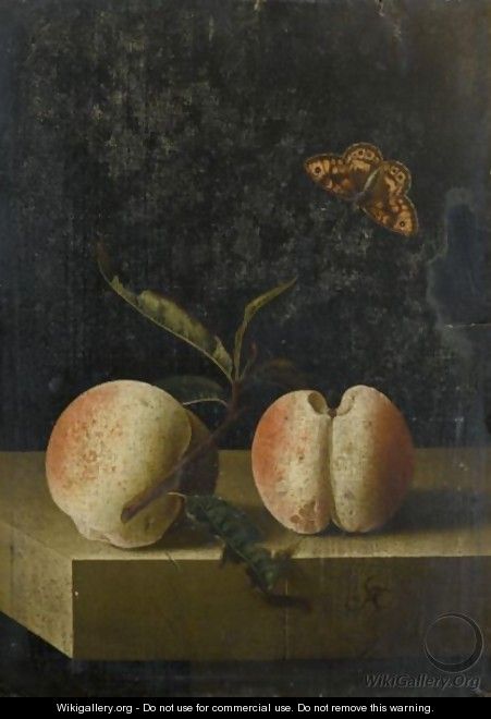 Still Life With Two Peaches And A Fritillary Butterfly On A Stone Ledge - Adriaen Coorte
