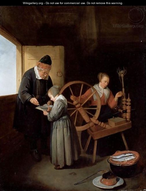 Interior With A School Master Teaching A Young Girl To Read, Another Girl Seated At A Spinning Wheel - Quiringh Gerritsz. van Brekelenkam