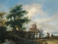 A River Landscape With A Gentleman And Lady Riding To The Chase, With A Pilgrim Asking For Alms In The Foreground, Other Members Of The Hunting Party Crossing A Wooden Bridge, A Tower Beyond - Philips Wouwerman